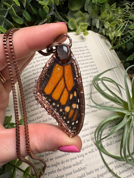 Rose Quartz and Butterfly Wing Necklace | Copper Ashes