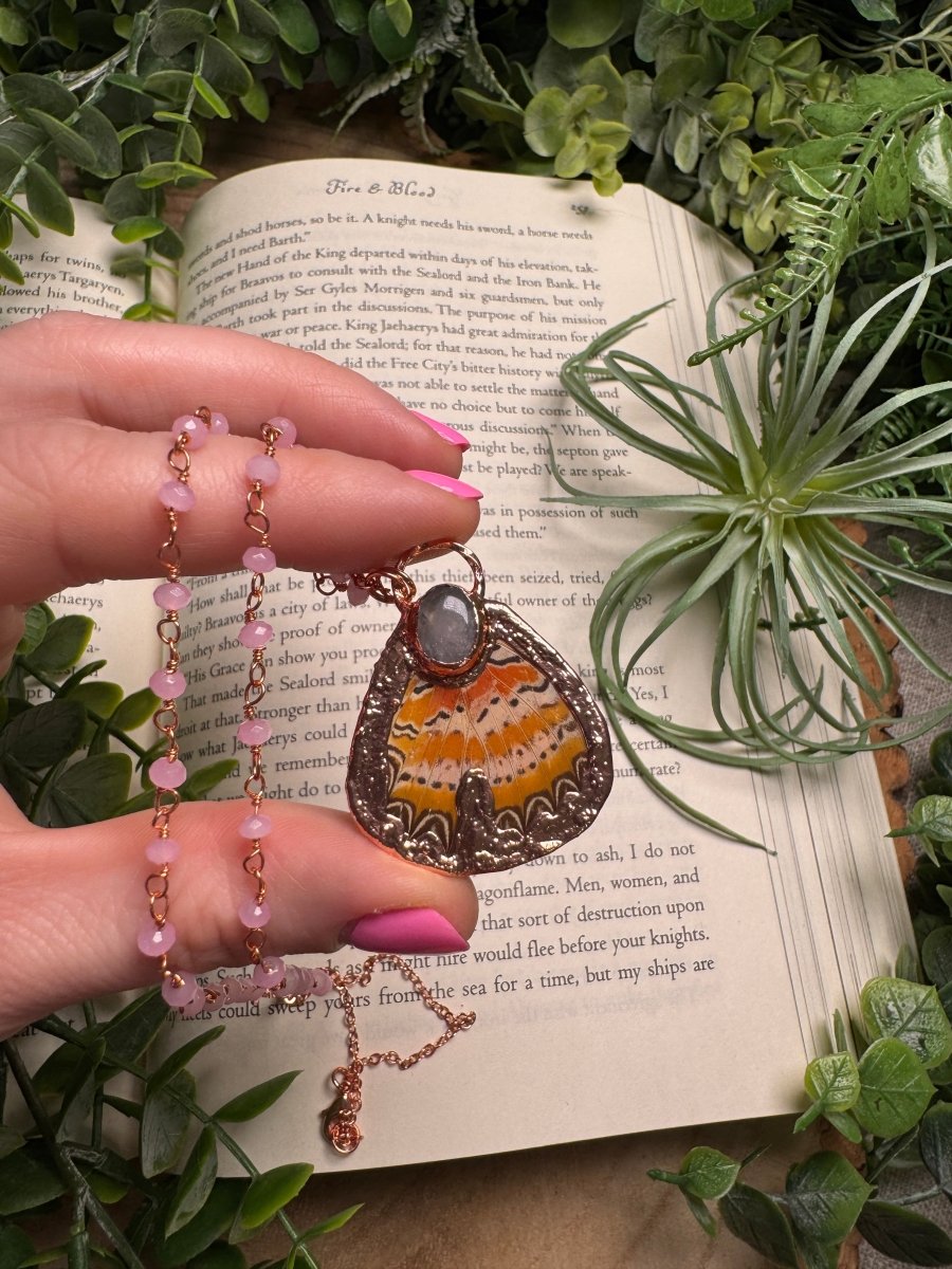 Rose Quartz and Butterfly Wing Necklace with Beaded Chain | Copper Ashes