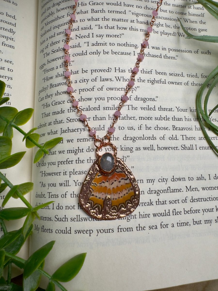 Rose Quartz and Butterfly Wing Necklace with Beaded Chain | Copper Ashes