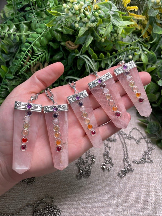 Rose Quartz and Chakra Crystal Necklace | Copper Ashes