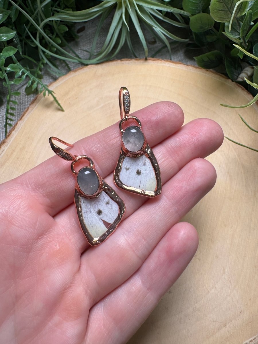 Rose Quartz and Moth Wing Earrings | Copper Ashes