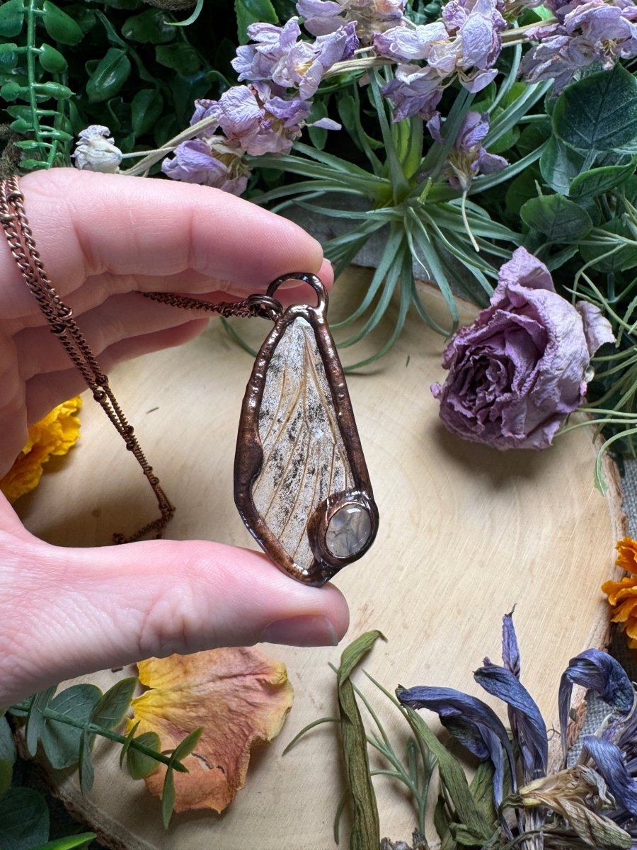 Rose Quartz and Moth Wing Necklace | Copper Ashes