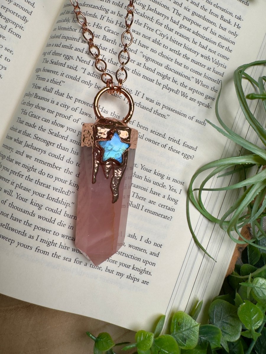 Rose Quartz Tower and Moonstone Star Statement Necklace | Copper Ashes