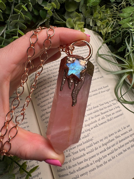 Rose Quartz Tower and Moonstone Star Statement Necklace | Copper Ashes