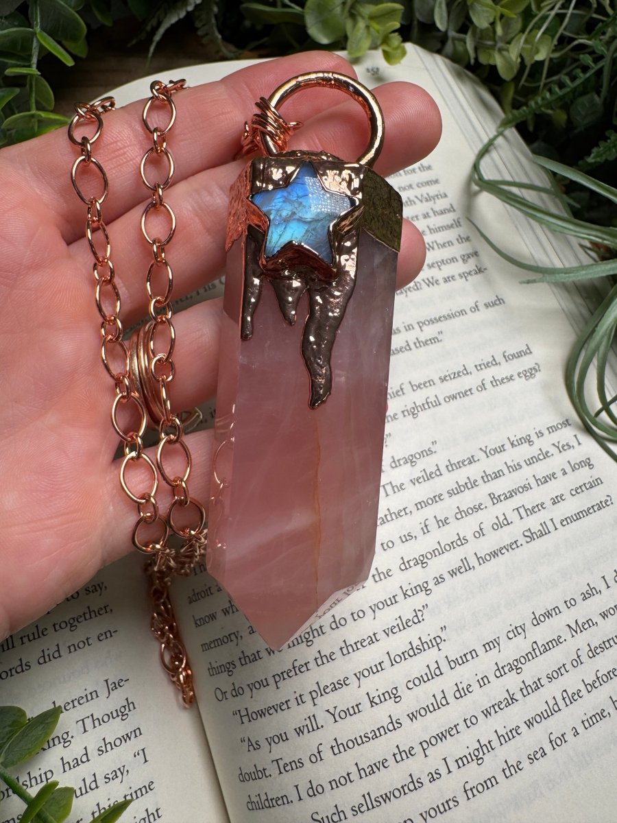 Rose Quartz Tower and Moonstone Star Statement Necklace | Copper Ashes