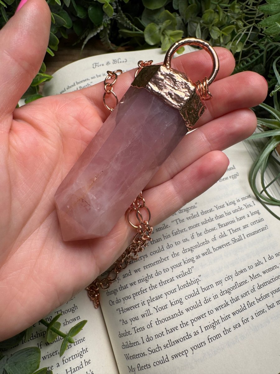 Rose Quartz Tower and Moonstone Star Statement Necklace | Copper Ashes