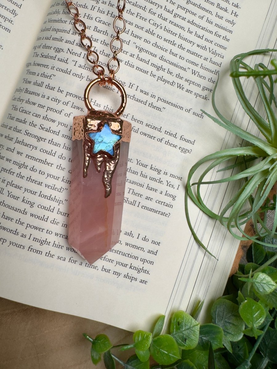 Rose Quartz Tower and Moonstone Star Statement Necklace | Copper Ashes
