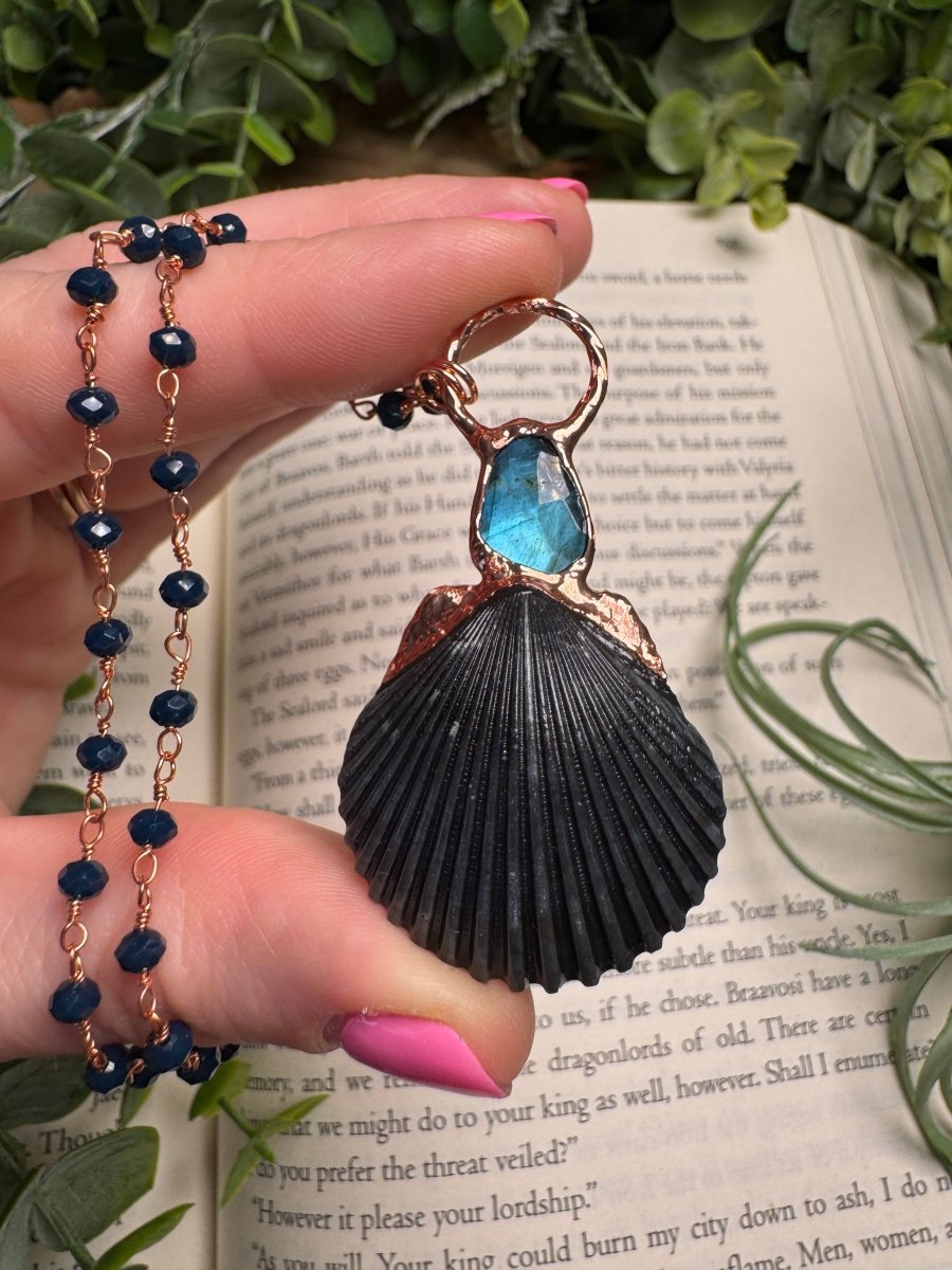 Scallop Shell and Labradorite Necklace with Beaded Chain | Copper Ashes