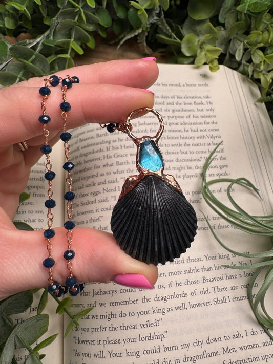 Scallop Shell and Labradorite Necklace with Beaded Chain | Copper Ashes
