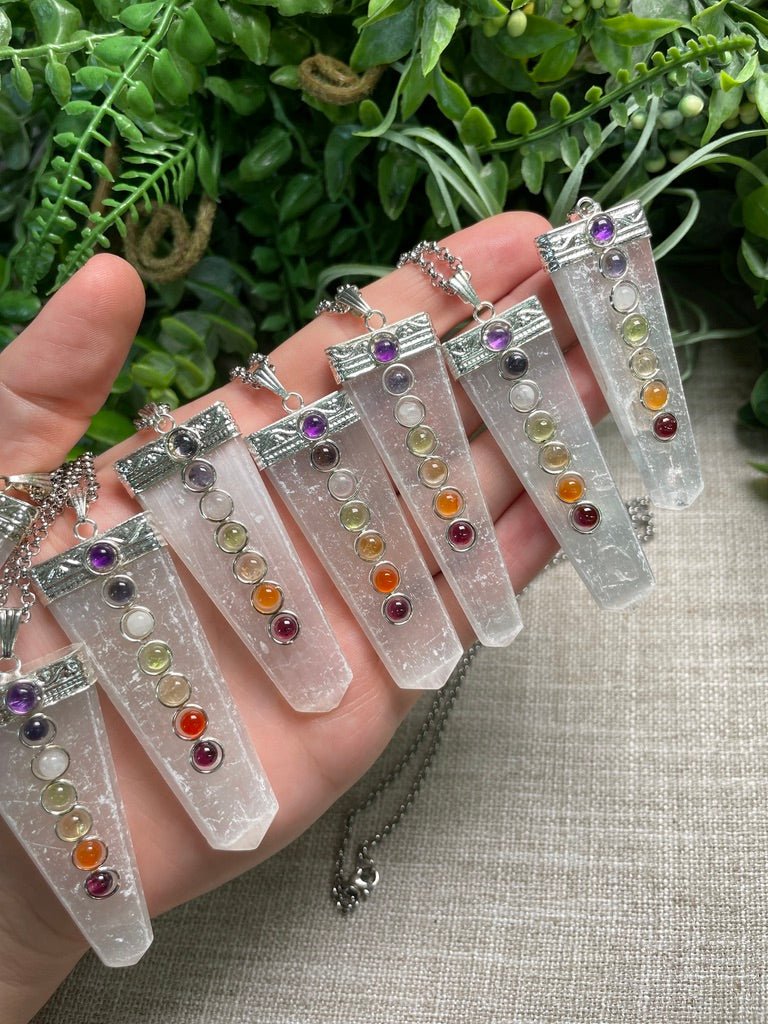 Selenite and Chakra Crystal Necklace | Copper Ashes
