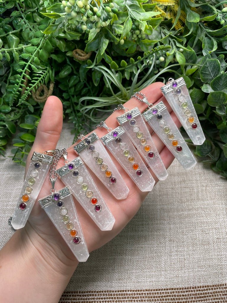 Selenite and Chakra Crystal Necklace | Copper Ashes