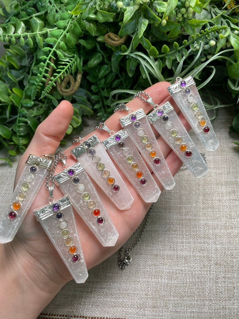 Selenite and Chakra Crystal Necklace | Copper Ashes