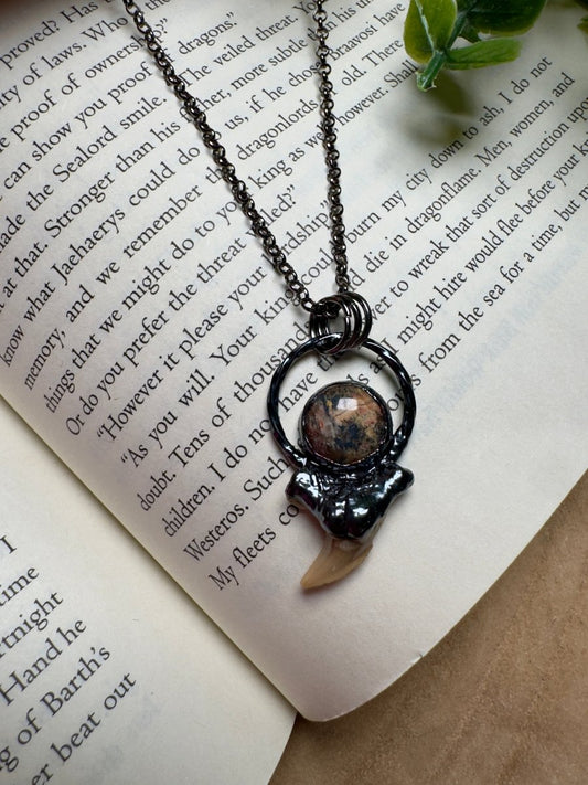 Shark Tooth and Leopard Skin Jasper Necklace | Copper Ashes