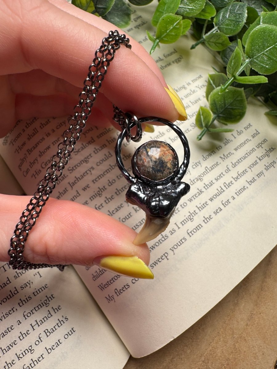 Shark Tooth and Leopard Skin Jasper Necklace | Copper Ashes
