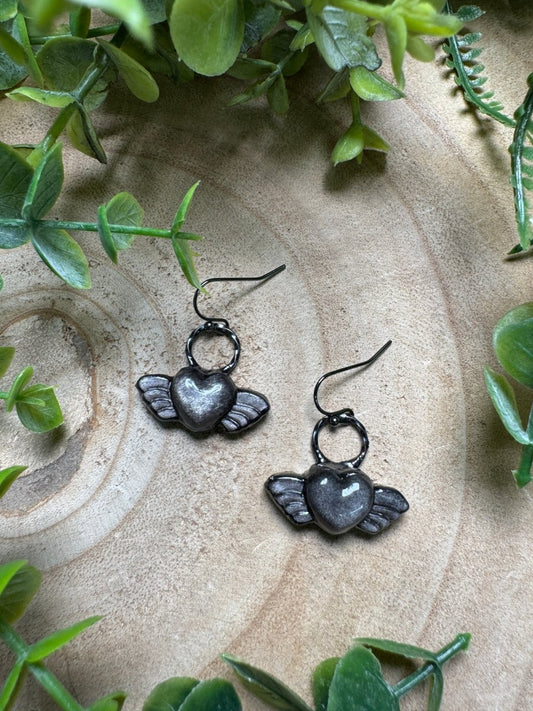 Silver Sheen Obsidian Angel Heart Earrings | Copper Ashes