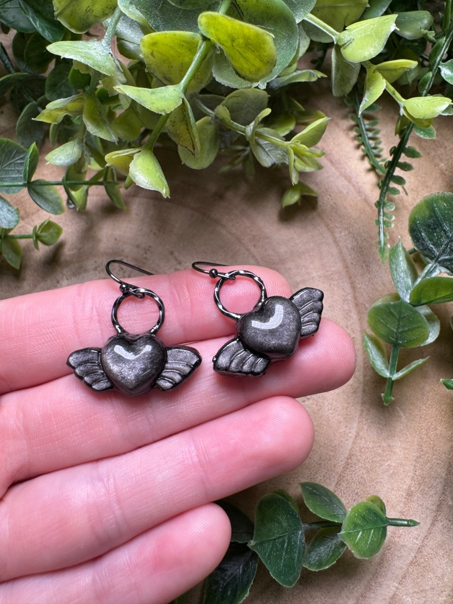 Silver Sheen Obsidian Angel Heart Earrings | Copper Ashes