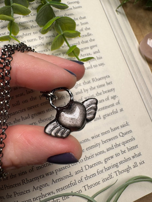 Silver Sheen Obsidian Angel Heart Necklace | Copper Ashes