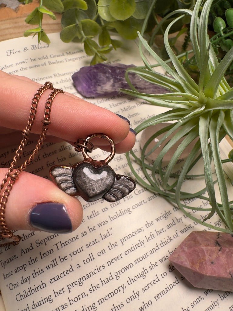 Silver Sheen Obsidian Angel Heart Necklace | Copper Ashes