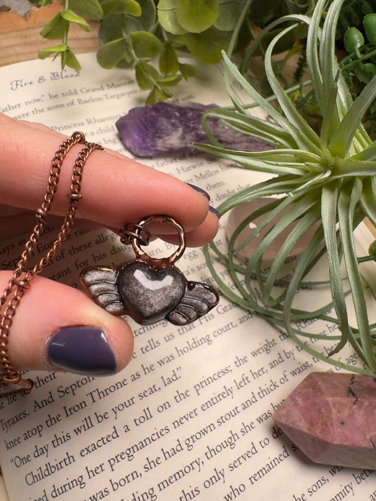 Silver Sheen Obsidian Angel Heart Necklace | Copper Ashes