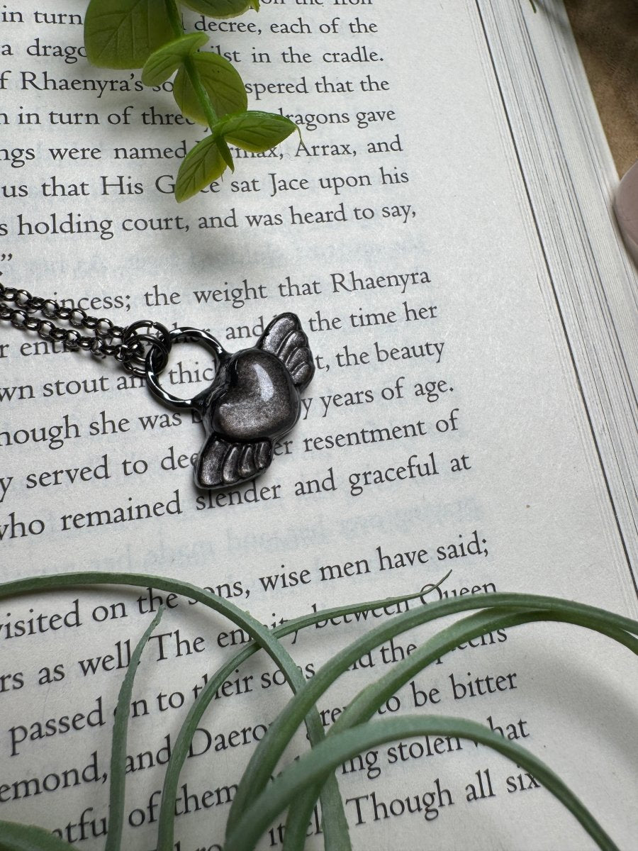 Silver Sheen Obsidian Angel Heart Necklace | Copper Ashes