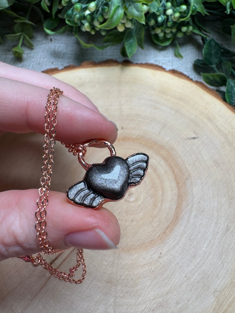 Silver Sheen Obsidian Heart with Wings Necklace | Copper Ashes