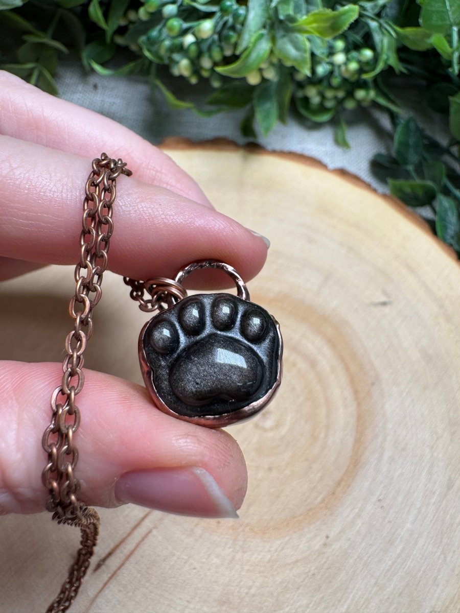 Silver Sheen Obsidian Paw Print Necklace | Copper Ashes