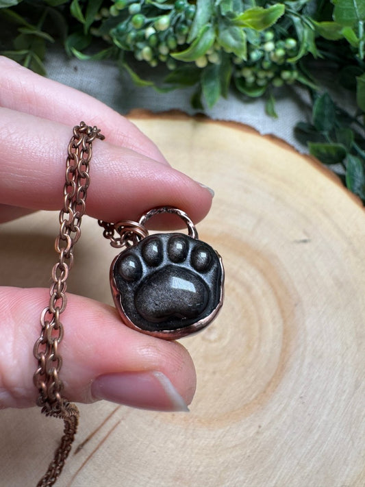 Silver Sheen Obsidian Paw Print Necklace | Copper Ashes