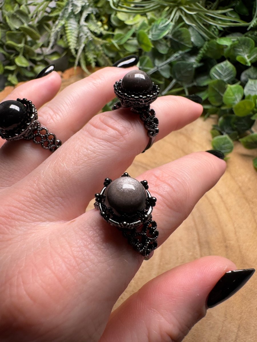 Silver Sheen Obsidian Ring Adjustable | Copper Ashes