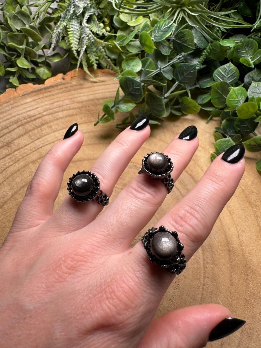 Silver Sheen Obsidian Ring Adjustable | Copper Ashes