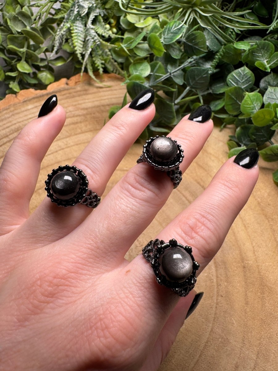 Silver Sheen Obsidian Ring Adjustable | Copper Ashes