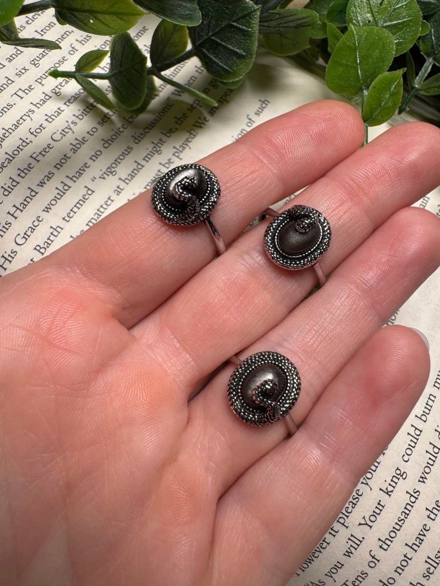 Silver Sheen Obsidian Snake Adjustable Ring | Copper Ashes