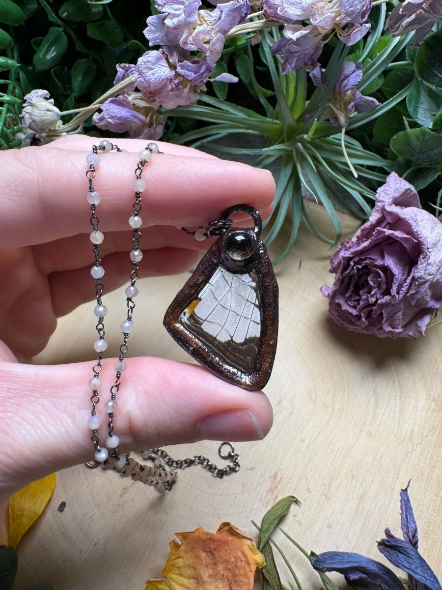 Smoky Quartz and Butterfly Wing Necklace | Copper Ashes