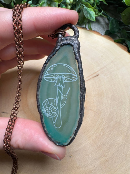 Snail and Mushroom Engraved Agate Slice Necklace | Copper Ashes