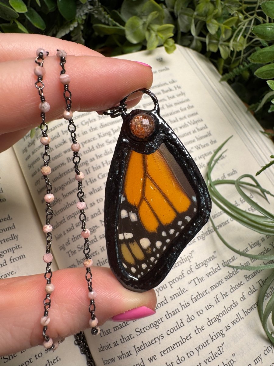 Sunstone and Butterfly Wing Necklace with Jasper Beaded Chain | Copper Ashes