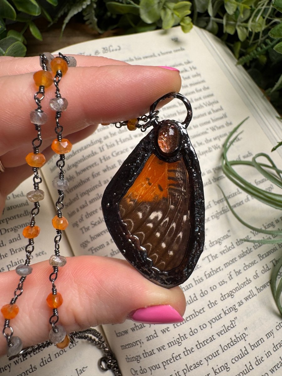 Sunstone and Butterfly Wing Necklace with Labradorite and Agate Beaded Chain (reversible) | Copper Ashes