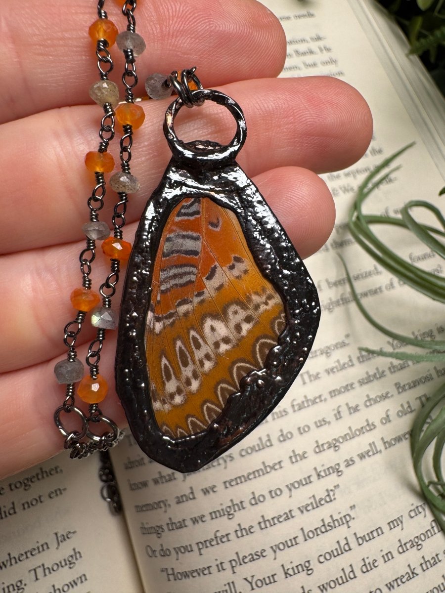 Sunstone and Butterfly Wing Necklace with Labradorite and Agate Beaded Chain (reversible) | Copper Ashes