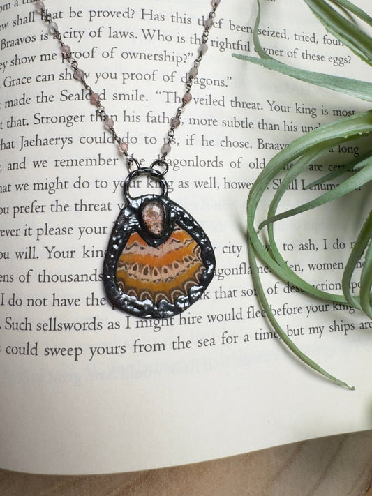 Sunstone and Butterfly Wing Necklace with Strawberry Quartz Beaded Chain (reversible) | Copper Ashes