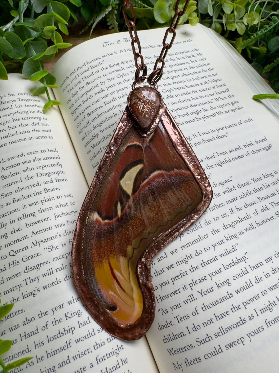 Sunstone and Giant Atlas Moth Wing Necklace | Copper Ashes