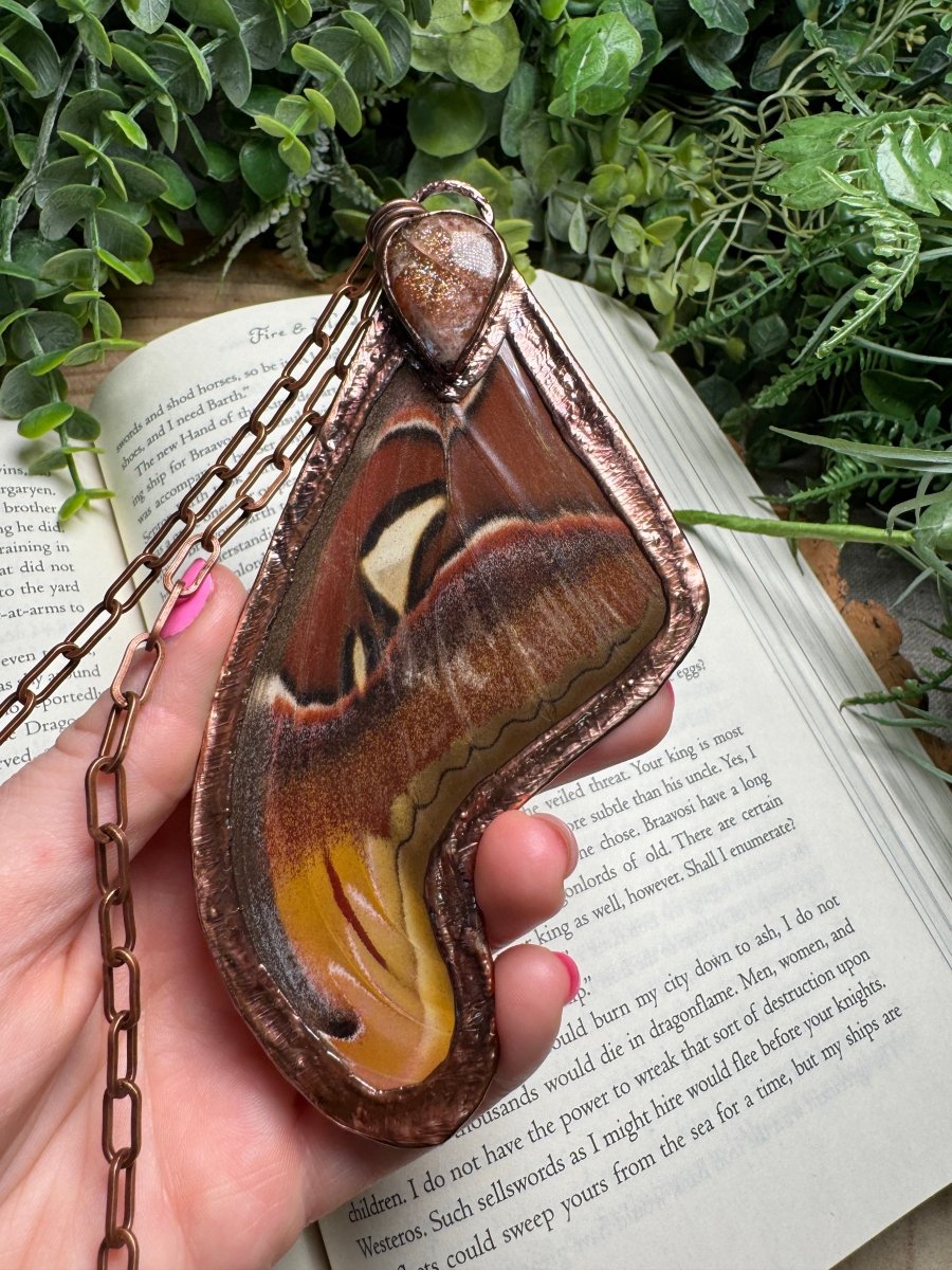 Sunstone and Giant Atlas Moth Wing Necklace | Copper Ashes