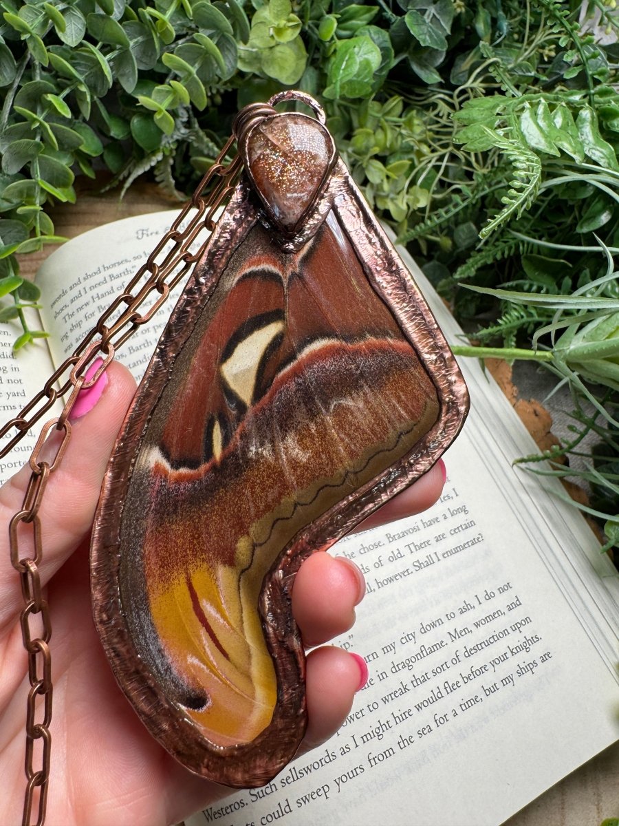 Sunstone and Giant Atlas Moth Wing Necklace | Copper Ashes