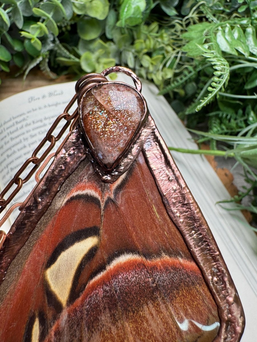 Sunstone and Giant Atlas Moth Wing Necklace | Copper Ashes