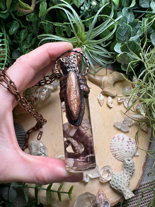 Sunstone, Coral, and Octopus Tentacle Oddity Vial Necklace | Copper Ashes