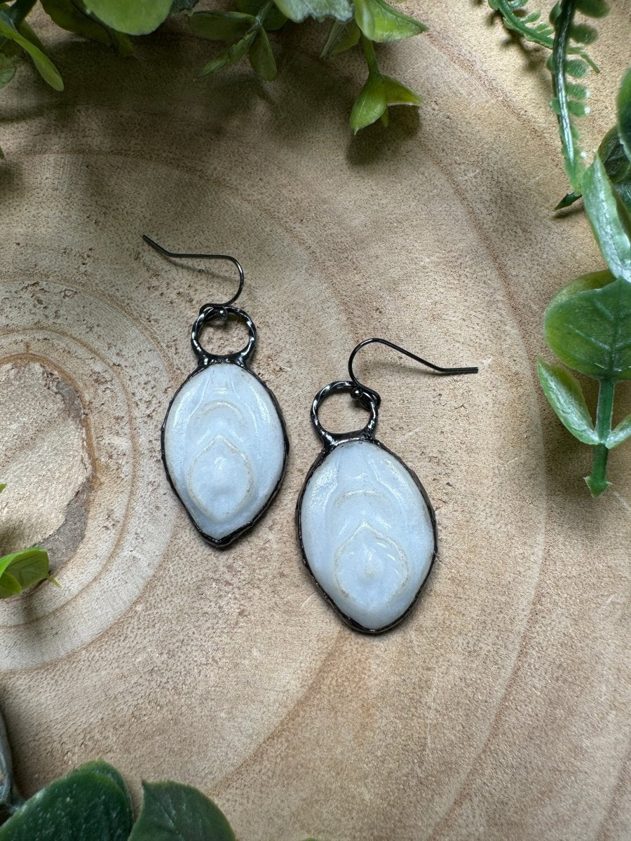 Synthetic White Jade Yoni Earrings (slight discoloration to stone) | Copper Ashes