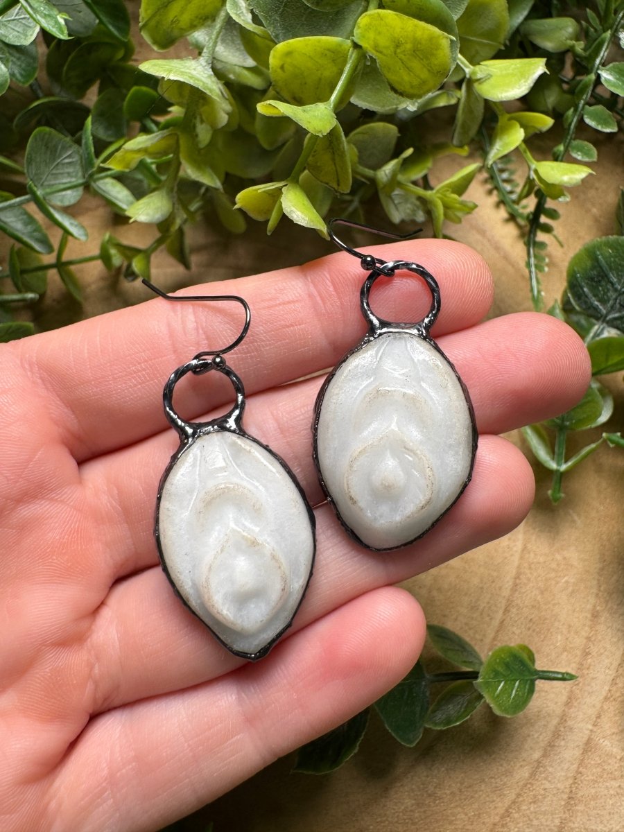 Synthetic White Jade Yoni Earrings (slight discoloration to stone) | Copper Ashes