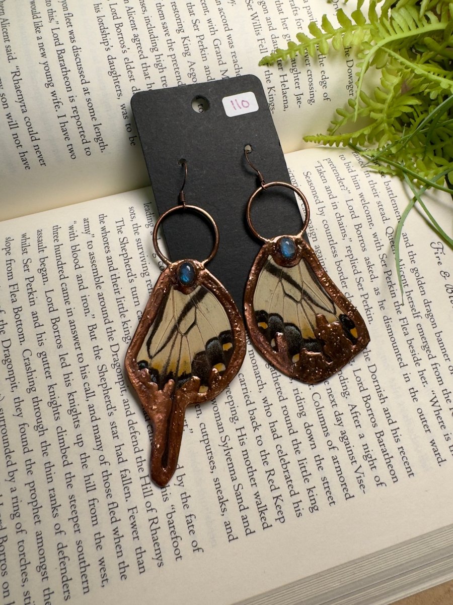 Tiger Swallowtail Butterfly Wing and Labradorite Earrings | Copper Ashes
