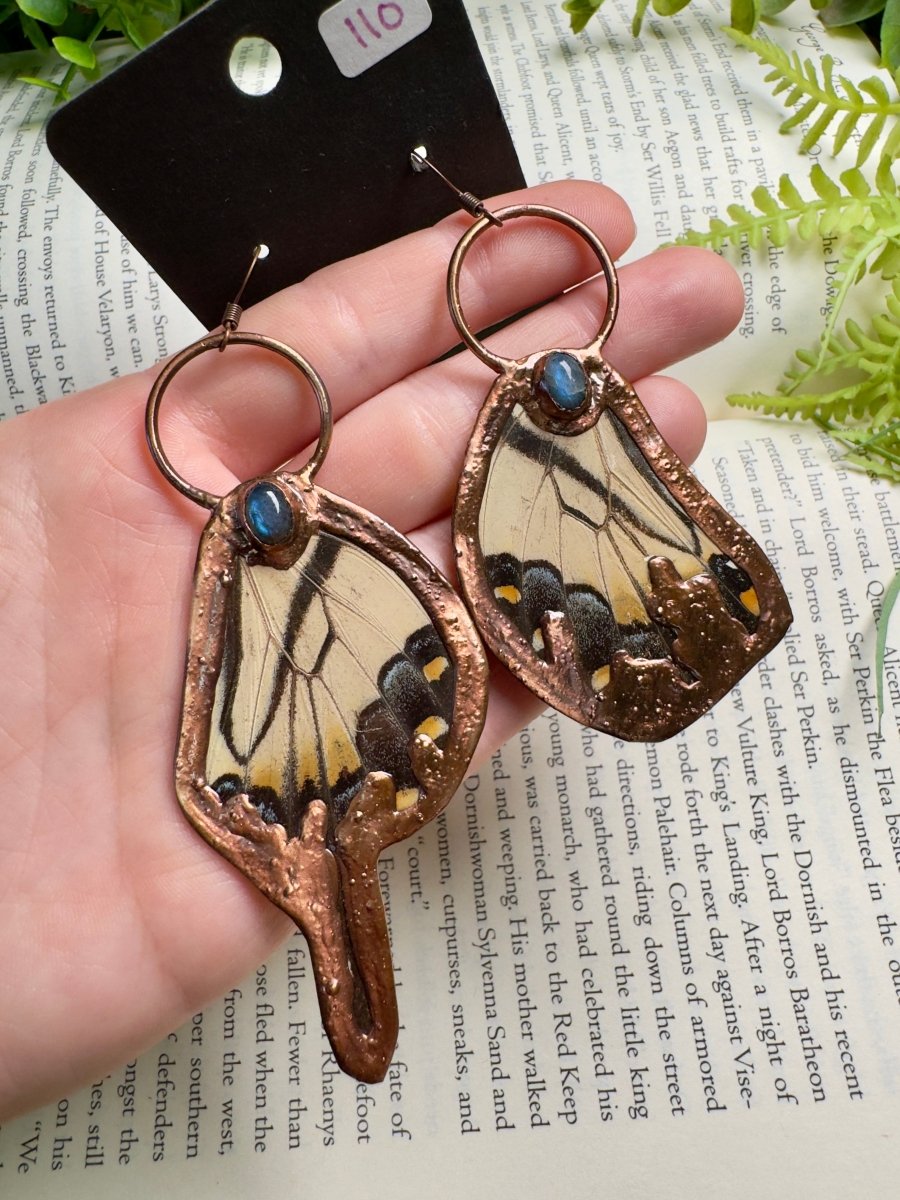 Tiger Swallowtail Butterfly Wing and Labradorite Earrings | Copper Ashes