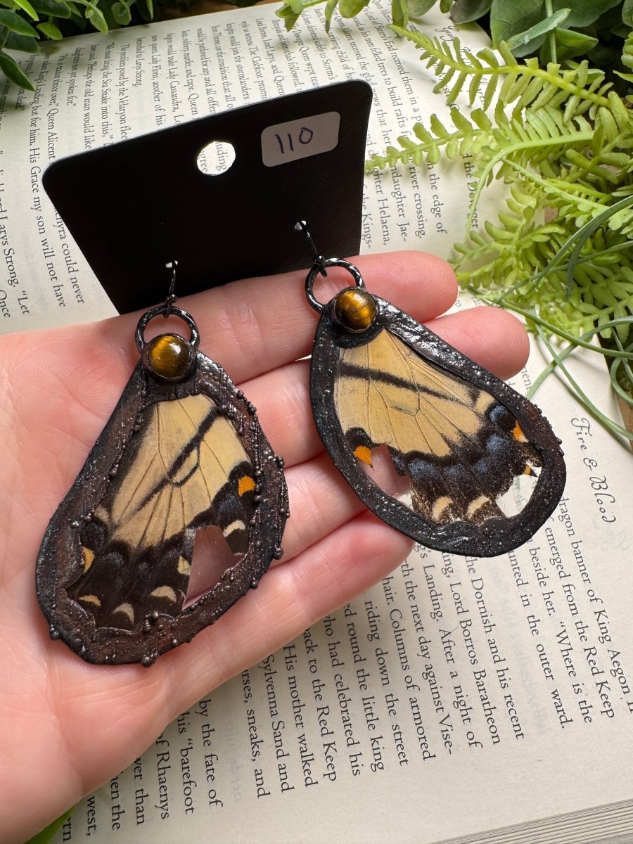 Tiger Swallowtail Butterfly Wing and Tigers Eye Earrings | Copper Ashes