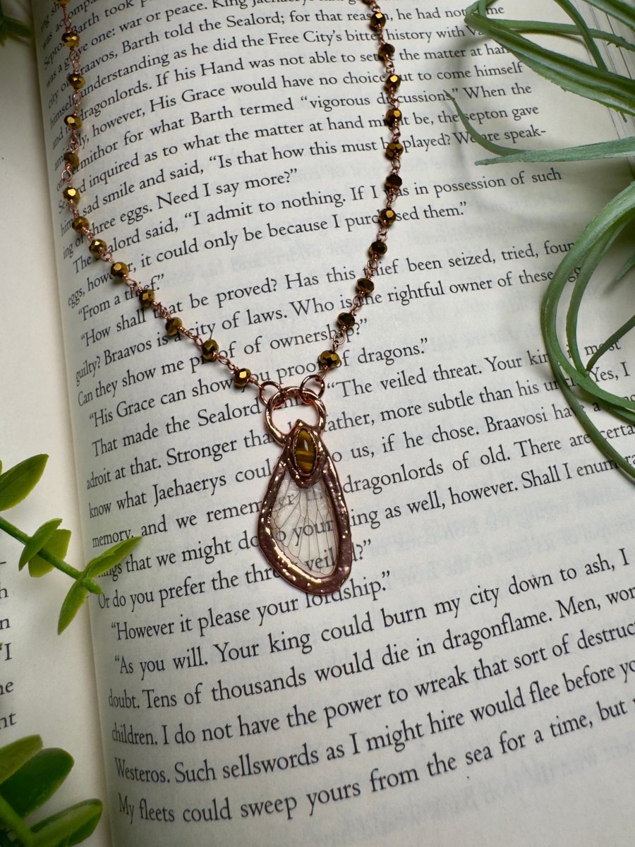 Tigers Eye and Cicada Wing Necklace with Beaded Chain | Copper Ashes