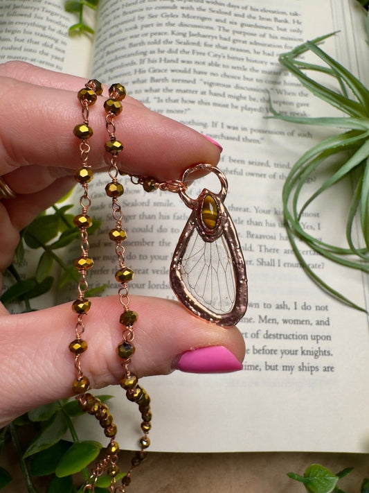 Tigers Eye and Cicada Wing Necklace with Beaded Chain | Copper Ashes