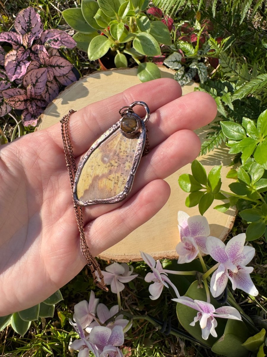 Tigers Eye and Imperial Moth Wing Necklace | Copper Ashes